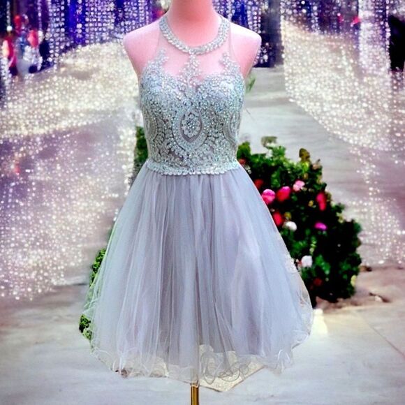 MAY QUEEN COUTURE DRESS PROM HOMECOMING WEDDING FORMAL SEQUIN STRAPPY SILVER 8 - Picture 3 of 12